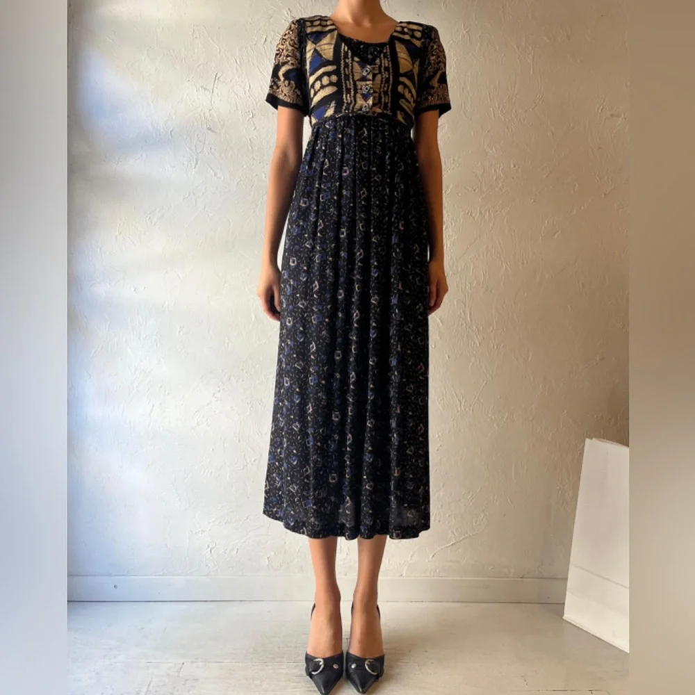 Carole Little 90s Pleated Maxi Dress Sz 12 Tribal Boho Whimsigoth V-Neck VTG USA - Picture 1 of 12